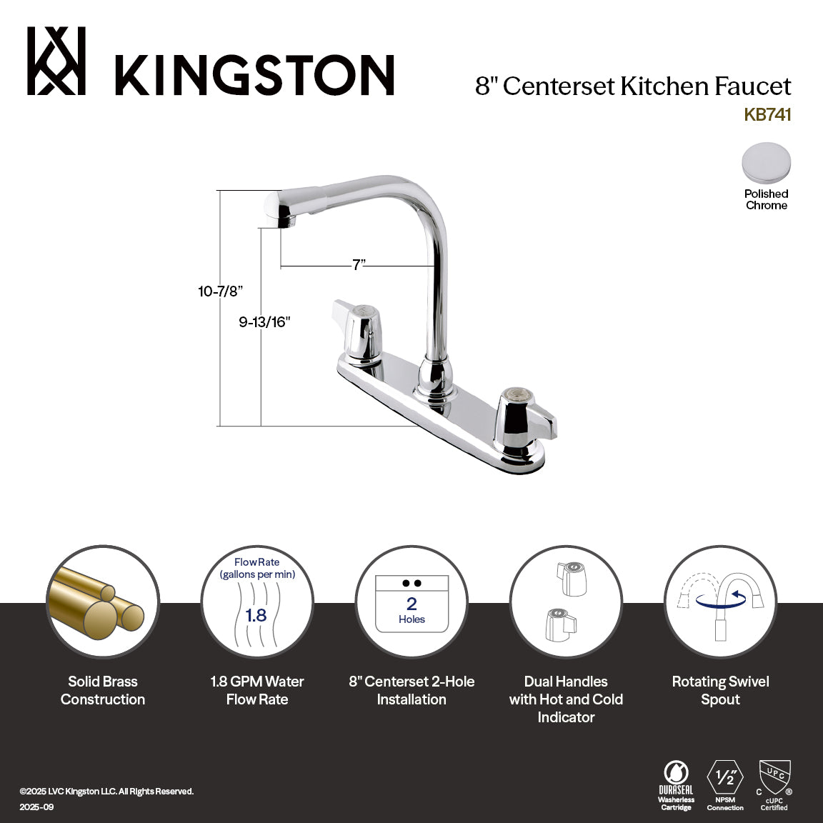 Kingston Tulare KB741Two-Handle 2-Hole 8" Centerset Kitchen Faucet, Polished Chrome — thumbnail 2